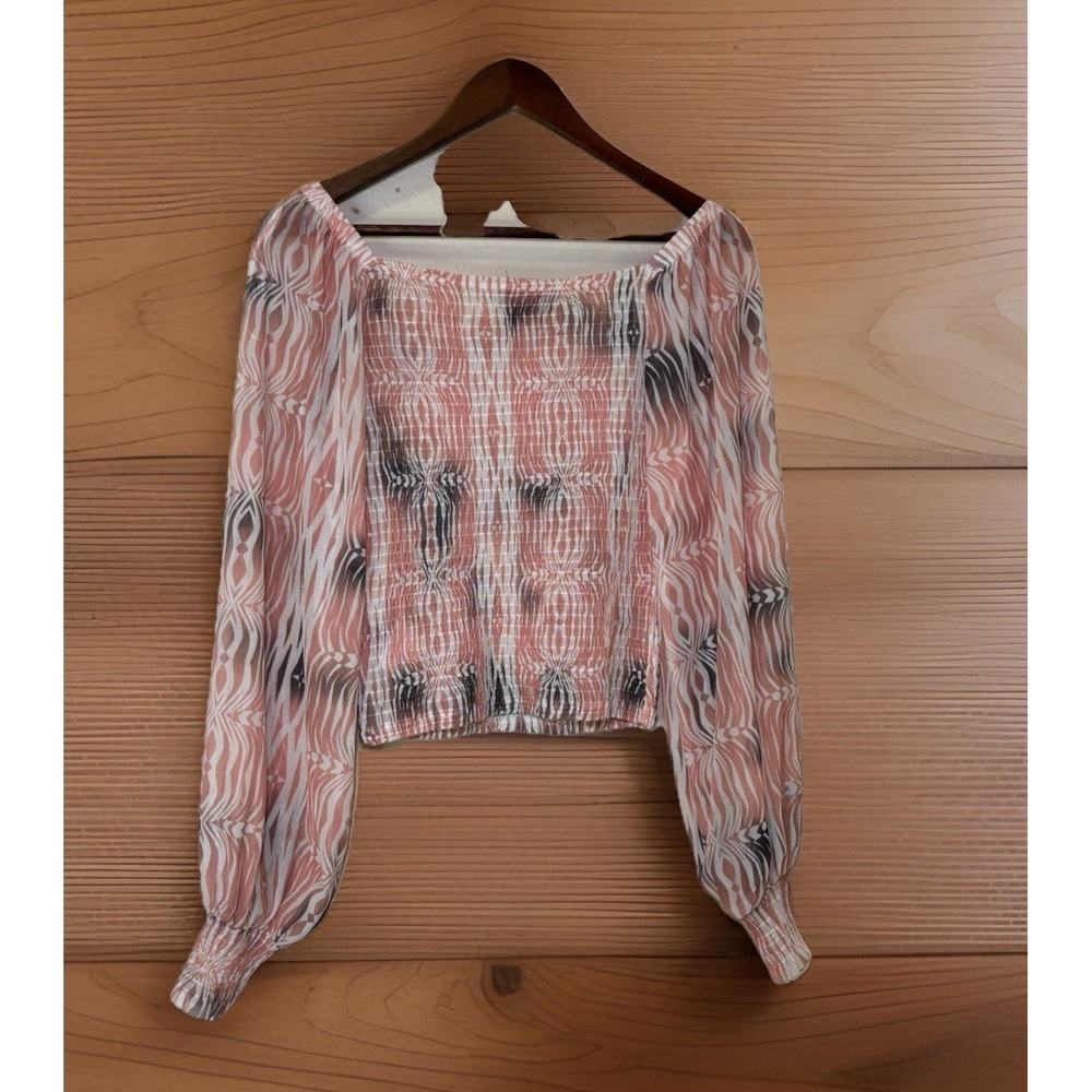 Anthropologie Pink/ White Smocked Crop Top XS Boho Peasant Puff Sleeve Blouse - Picture 5 of 8